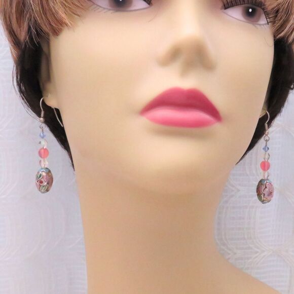 Handmade Dangle Earrings, Blue Cloisonne Bead, Crystal, Dressy Business Jewelry - Picture 5 of 7